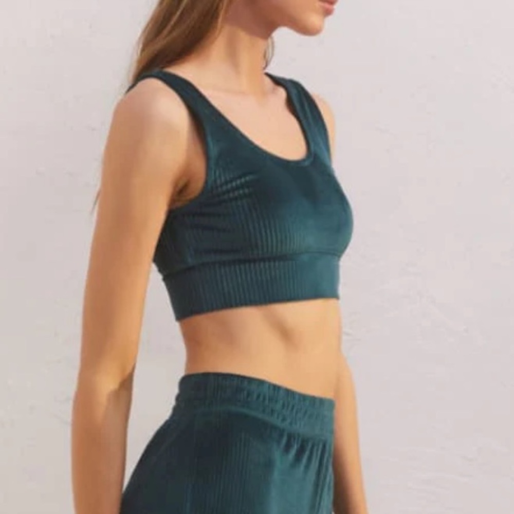 Z Supply Zoe Velour Cropped Tank Bra in Rich Pine Green Size: L NWT